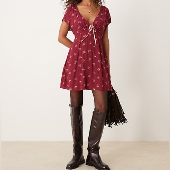 Free People Dresses & Skirts - Free People Women Size Large Floral Boho Tie-Detail Mini Tea‎ Dress Earth Red